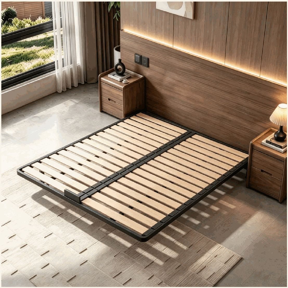 Cama flotante de metal en un dormitorio de exposición